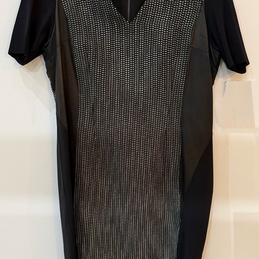 Elie Tahari Dress Black and Gray Patterned with leather trim